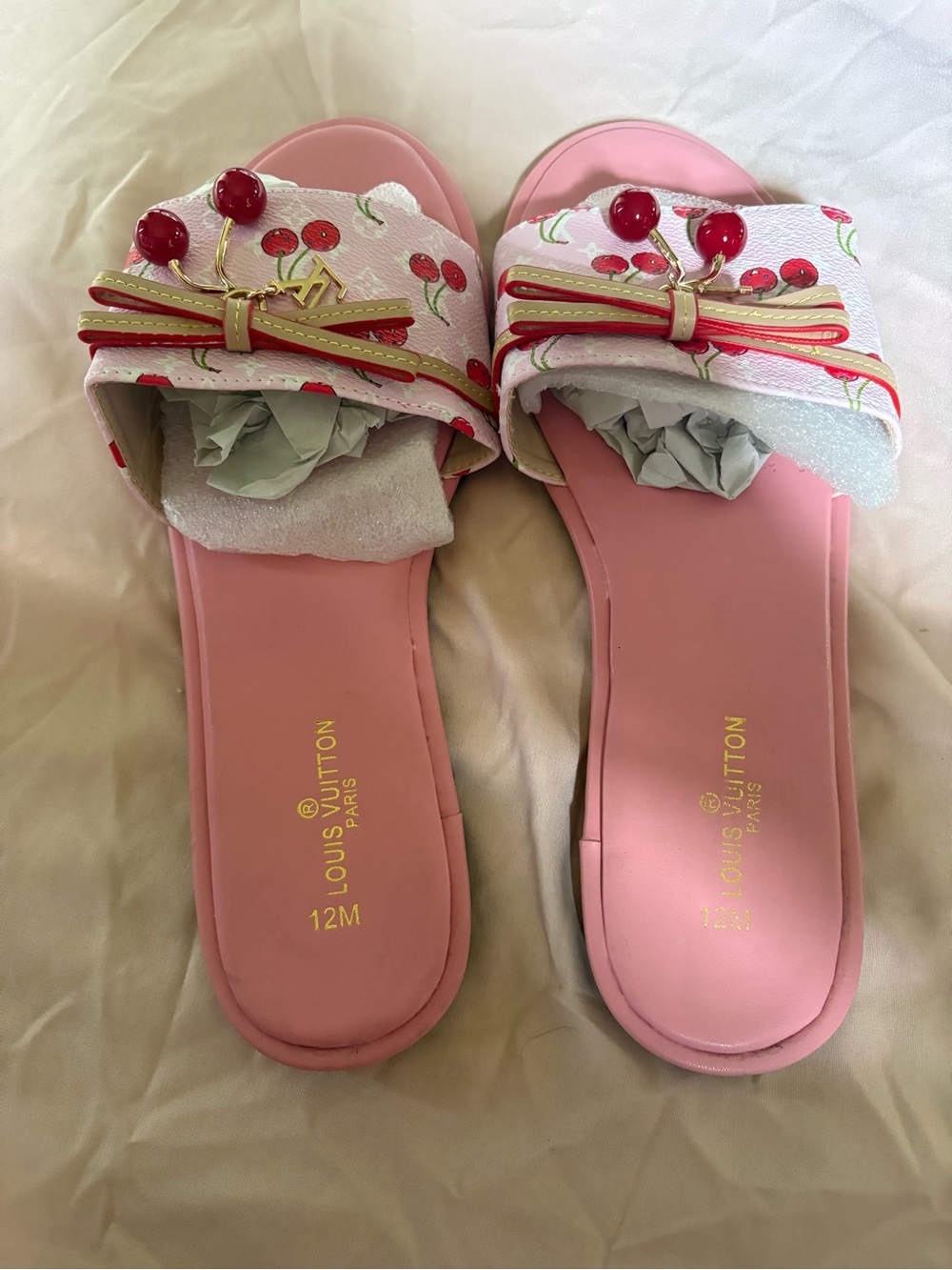Louis Vuitton Pink Cherry-Print Bow Slide Sandals